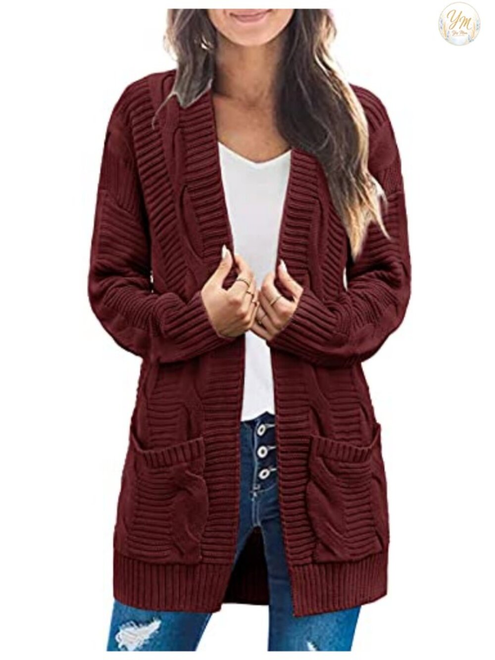 Cable Knit Open Front Cardigan Sweater Long Sleeve Pockets Fall Outerwear